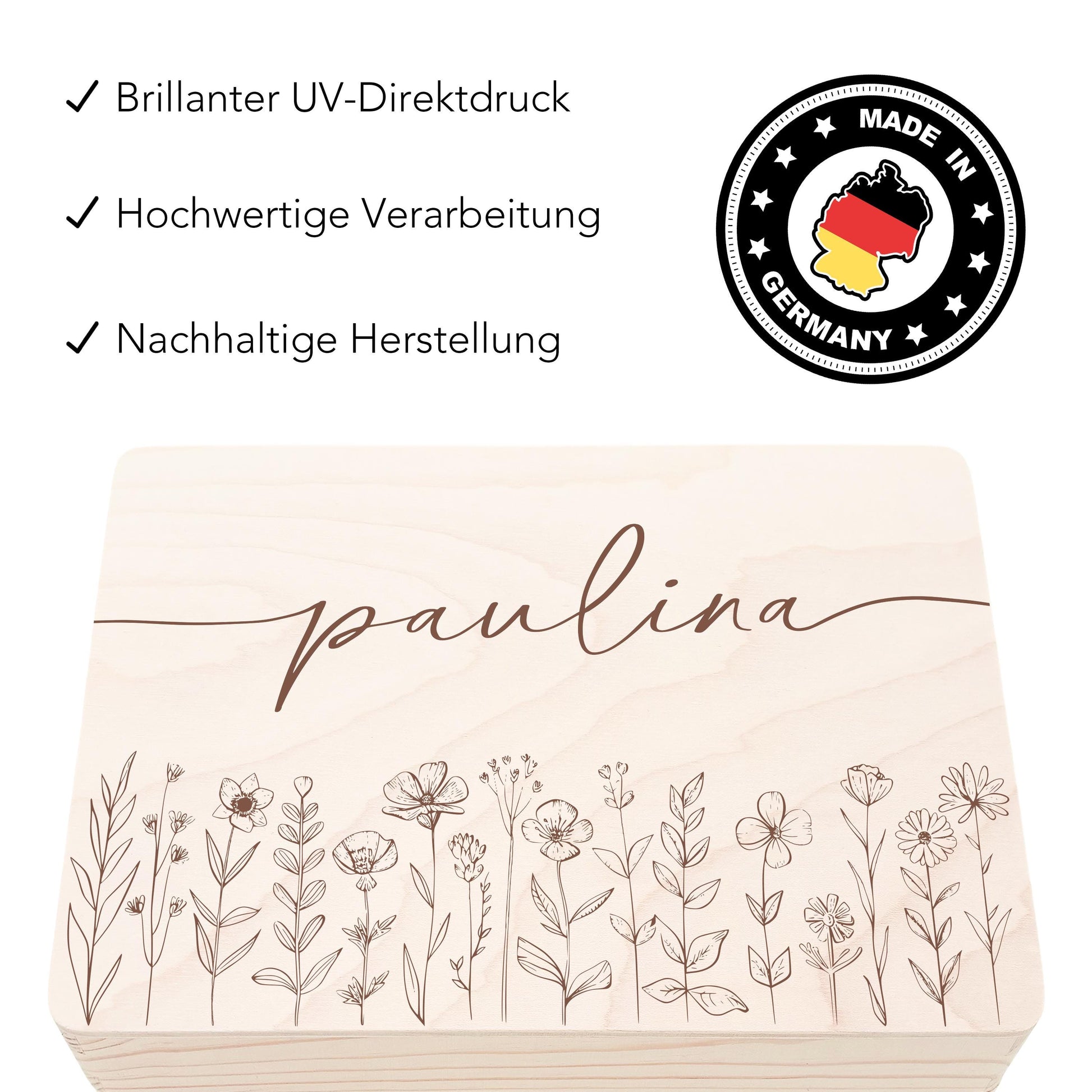 Erinnerungskiste Baby Mädchen Holzkiste personalisierte Erinnerungsbox Wildblumen Geschenk zur Geburt Geburtsgeschenk 30x20x13 cm