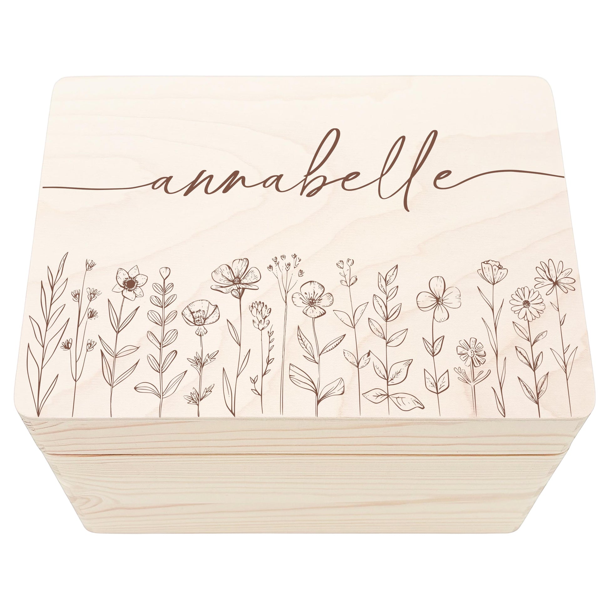 Erinnerungskiste Baby Mädchen Holzkiste personalisierte Erinnerungsbox Wildblumen Geschenk zur Geburt Geburtsgeschenk 30x20x13 cm