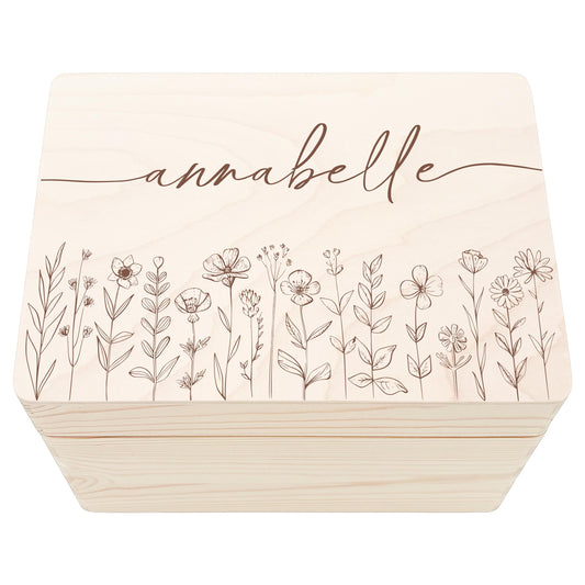 Erinnerungskiste Baby Mädchen Holzkiste personalisierte Erinnerungsbox Wildblumen Geschenk zur Geburt Geburtsgeschenk 30x20x13 cm