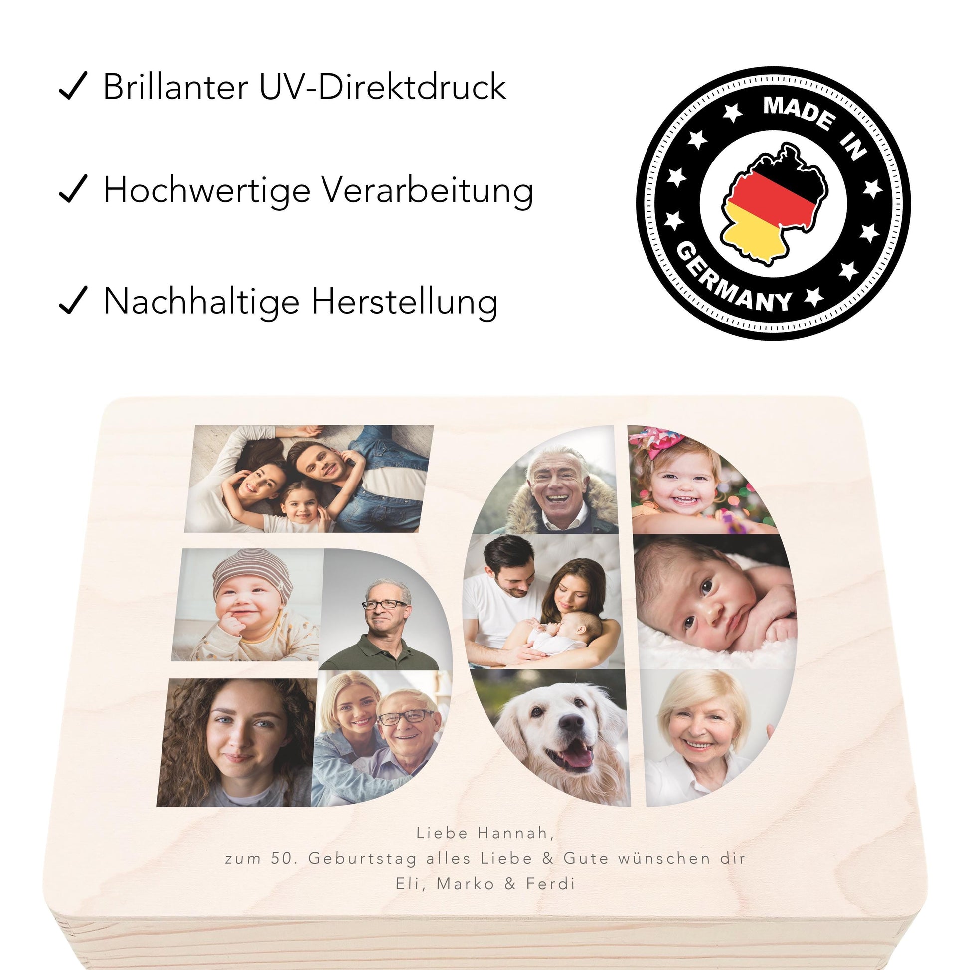 Holzkiste personalisiert 50. Geburtstag Geschenk Holzbox mit Fotocollage Geschenkbox mit Deckel Fotogeschenk Geburtstagsgeschenk 30x20x13 cm