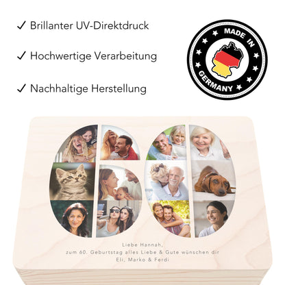 Holzkiste personalisiert 60. Geburtstag Geschenk Holzbox mit Fotocollage Geschenkbox mit Deckel Fotogeschenk Geburtstagsgeschenk 30x20x13 cm