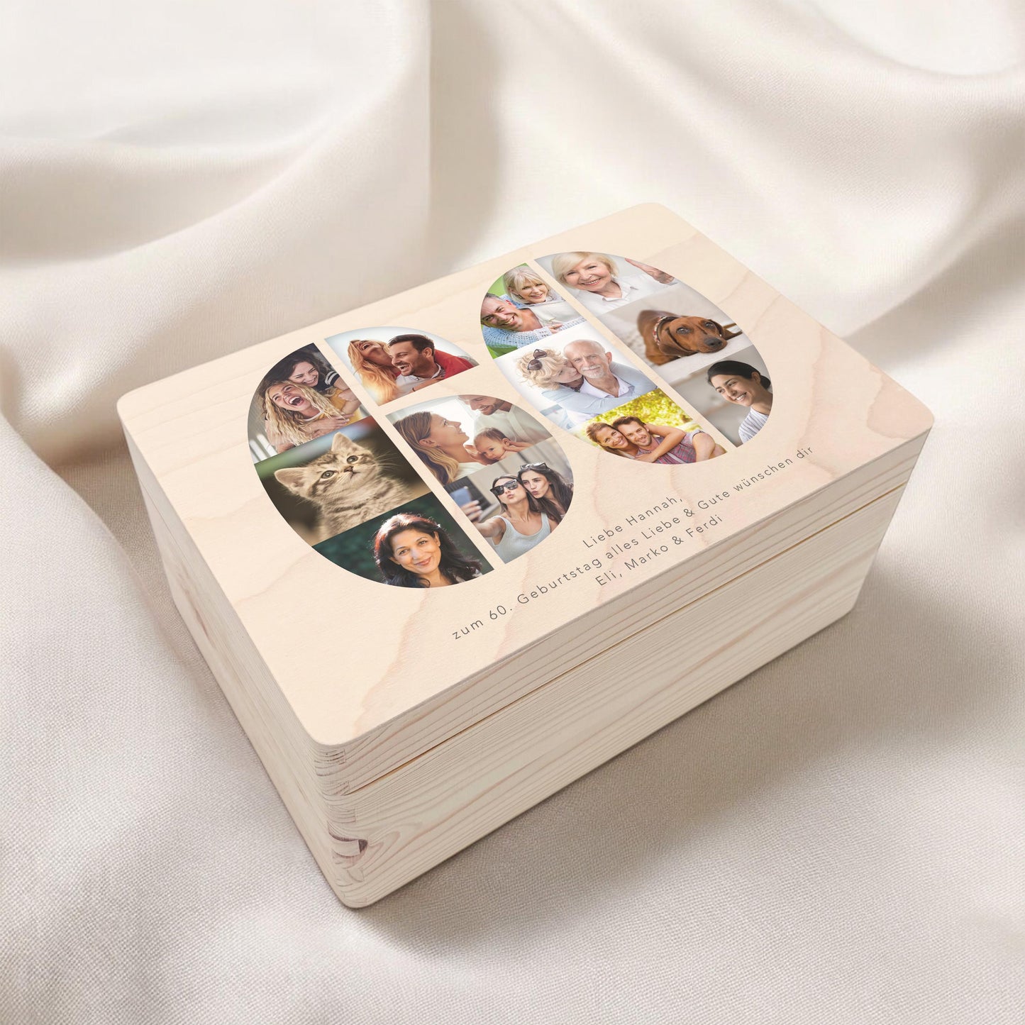 Holzkiste personalisiert 60. Geburtstag Geschenk Holzbox mit Fotocollage Geschenkbox mit Deckel Fotogeschenk Geburtstagsgeschenk 30x20x13 cm