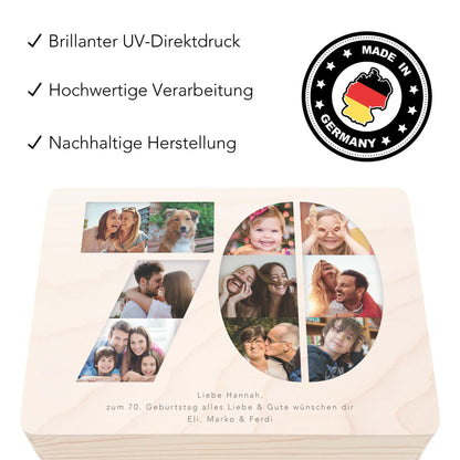 Holzkiste personalisiert 70. Geburtstag Geschenk Holzbox mit Fotocollage Geschenkbox mit Deckel Fotogeschenk Geburtstagsgeschenk 30x20x13 cm