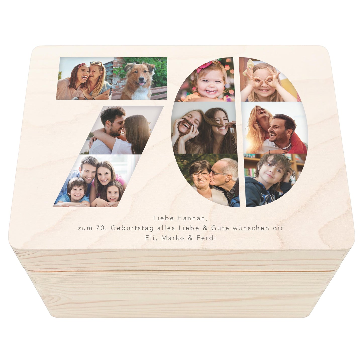Holzkiste personalisiert 70. Geburtstag Geschenk Holzbox mit Fotocollage Geschenkbox mit Deckel Fotogeschenk Geburtstagsgeschenk 30x20x13 cm