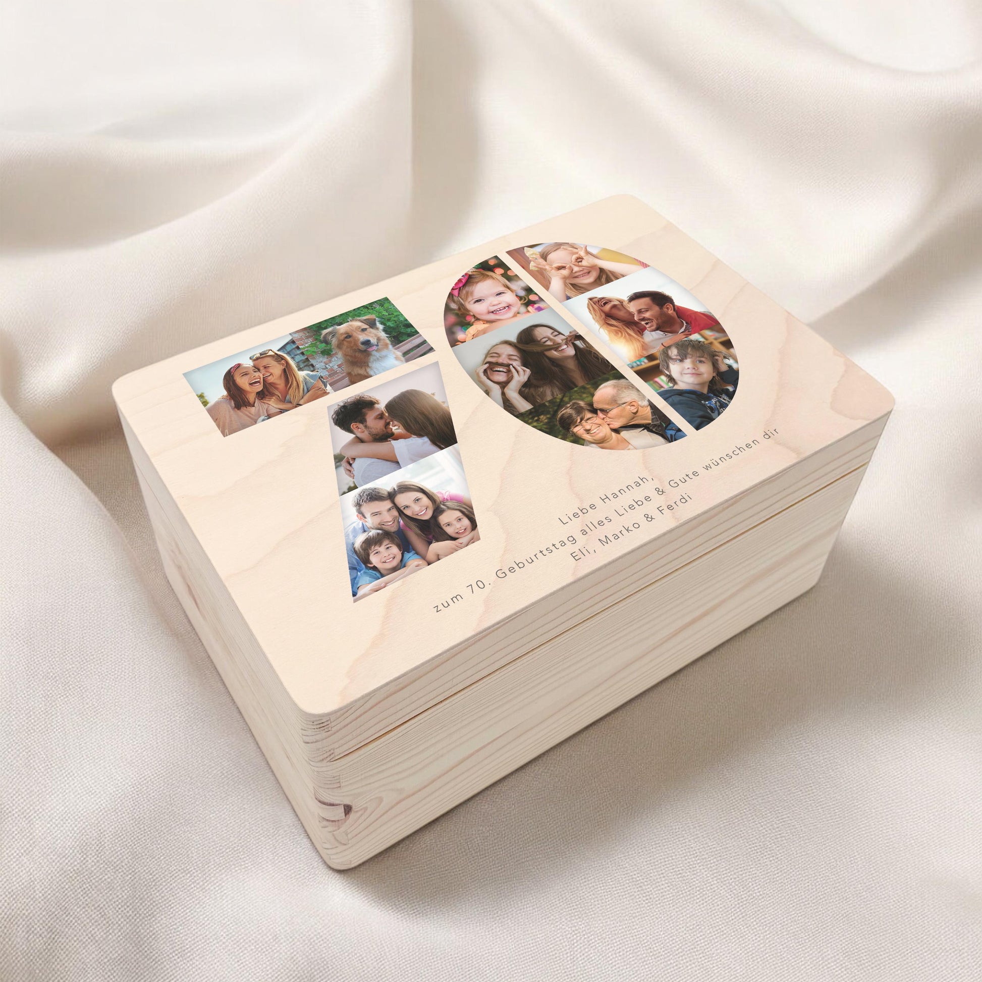 Holzkiste personalisiert 70. Geburtstag Geschenk Holzbox mit Fotocollage Geschenkbox mit Deckel Fotogeschenk Geburtstagsgeschenk 30x20x13 cm