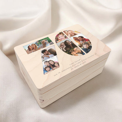 Holzkiste personalisiert 70. Geburtstag Geschenk Holzbox mit Fotocollage Geschenkbox mit Deckel Fotogeschenk Geburtstagsgeschenk 30x20x13 cm