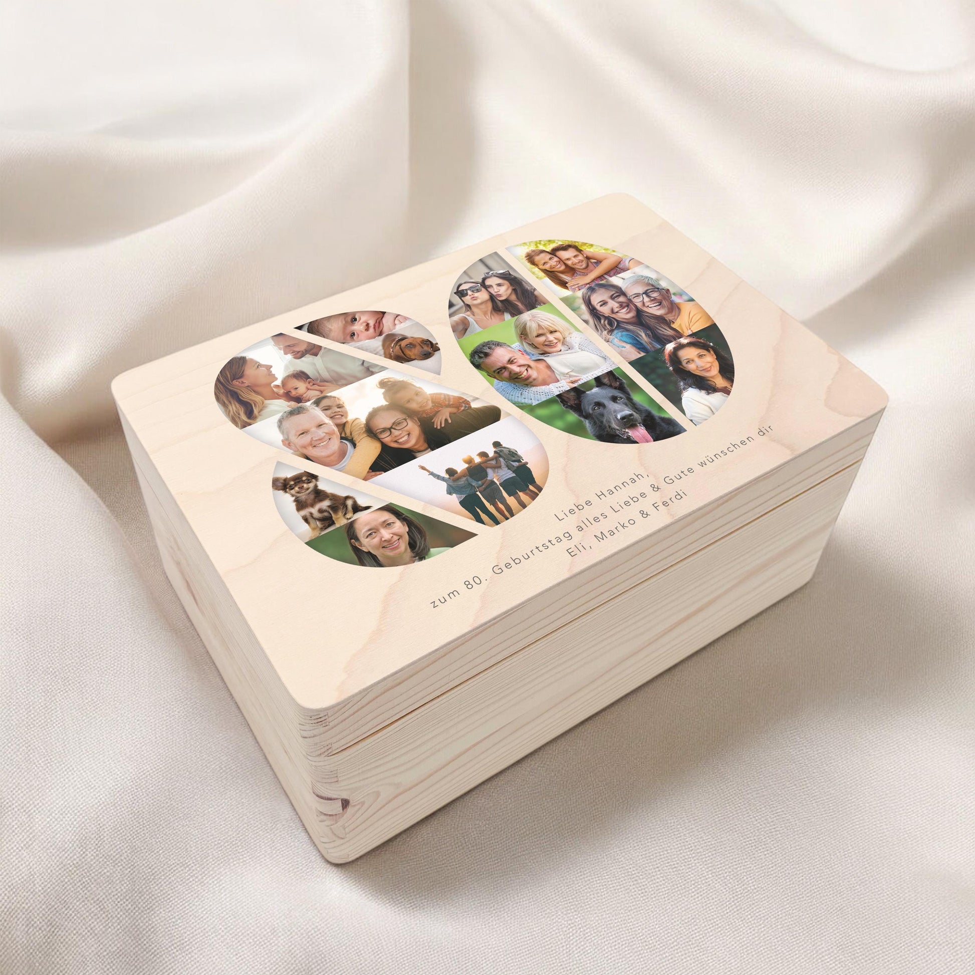 Holzkiste personalisiert 80. Geburtstag Geschenk Holzbox mit Fotocollage Geschenkbox mit Deckel Fotogeschenk Geburtstagsgeschenk 30x20x13 cm