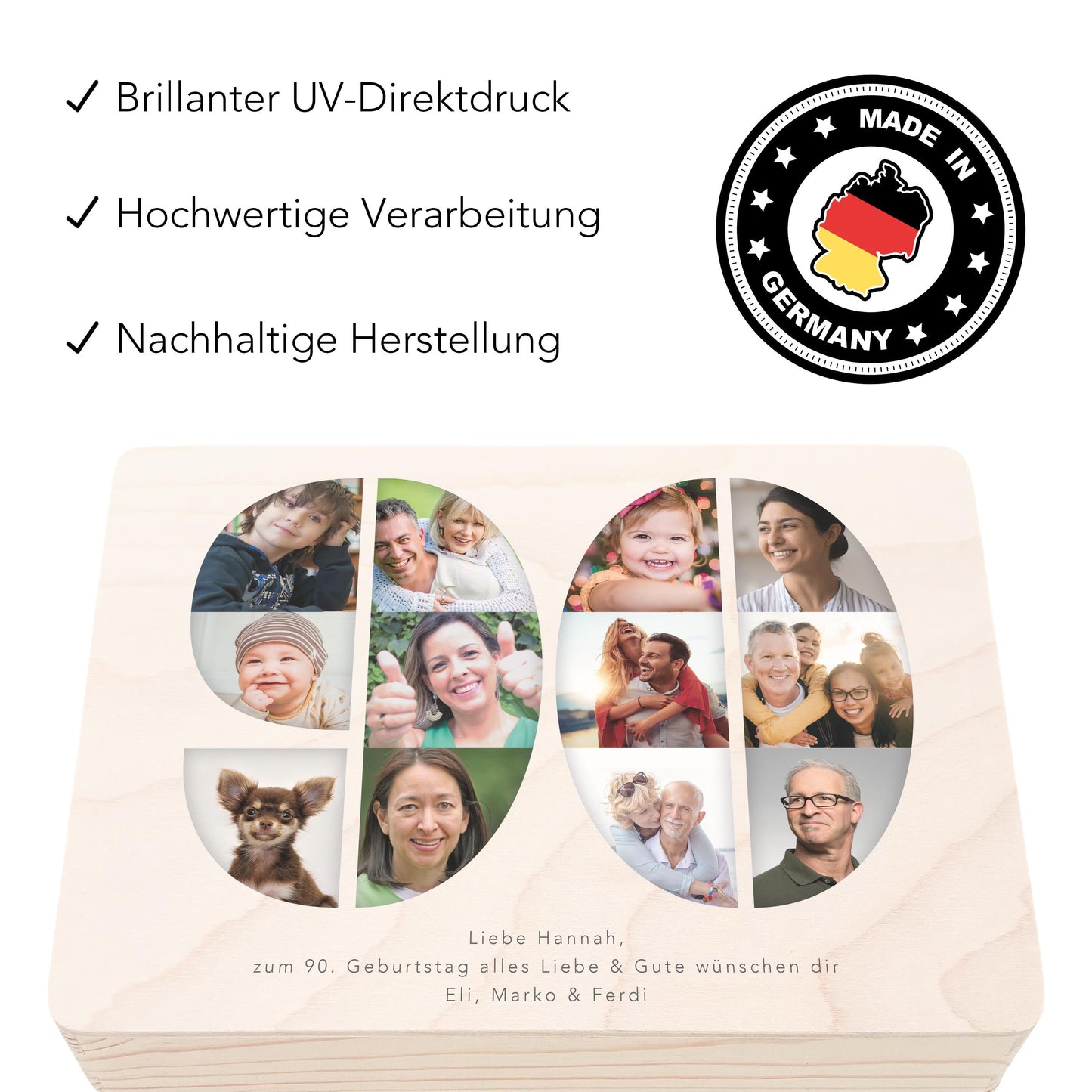 Holzkiste personalisiert 90. Geburtstag Geschenk Holzbox mit Fotocollage Geschenkbox mit Deckel Fotogeschenk Geburtstagsgeschenk 30x20x13 cm