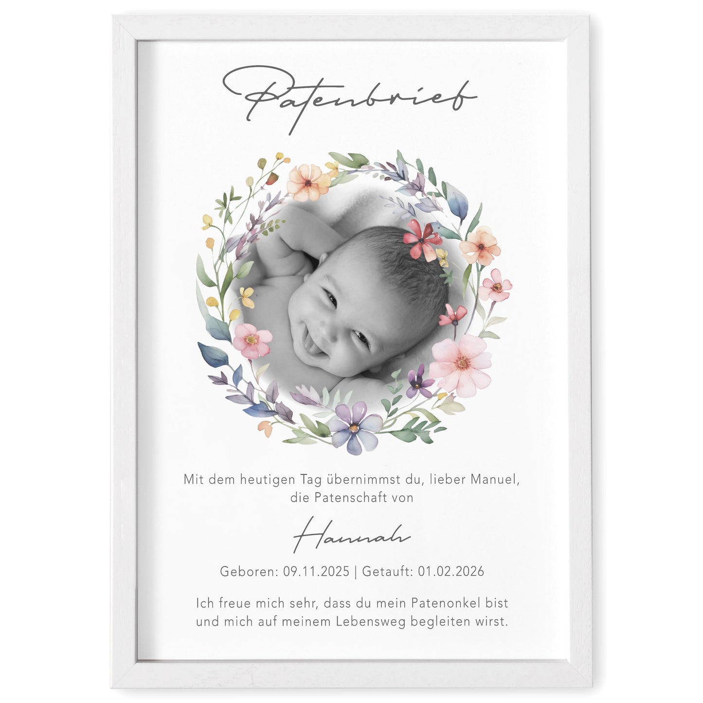 Taufgeschenk Patentante personalisierter Patenbrief Taufe Patenurkunde mit Foto Taufpate Paten Urkunde Taufe Geschenk (mit oder ohne Rahmen)