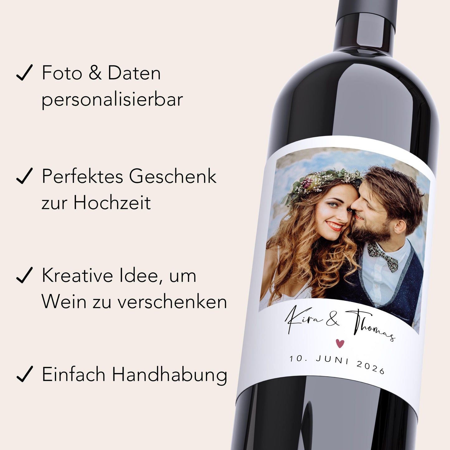 Flaschenetiketten Hochzeit personalisierte mit Foto Weinetiketten selbst gestalten Hochzeitsgeschenk Wein Geschenk 2 Stück | 10x12 cm