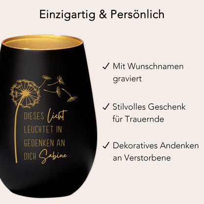 Trauerlicht Trauerkerze personalisiert Windlicht mit Gravur aus Glas Trauer Geschenk Trauergeschenk Verstorbene Erinnerung (Schwarz)