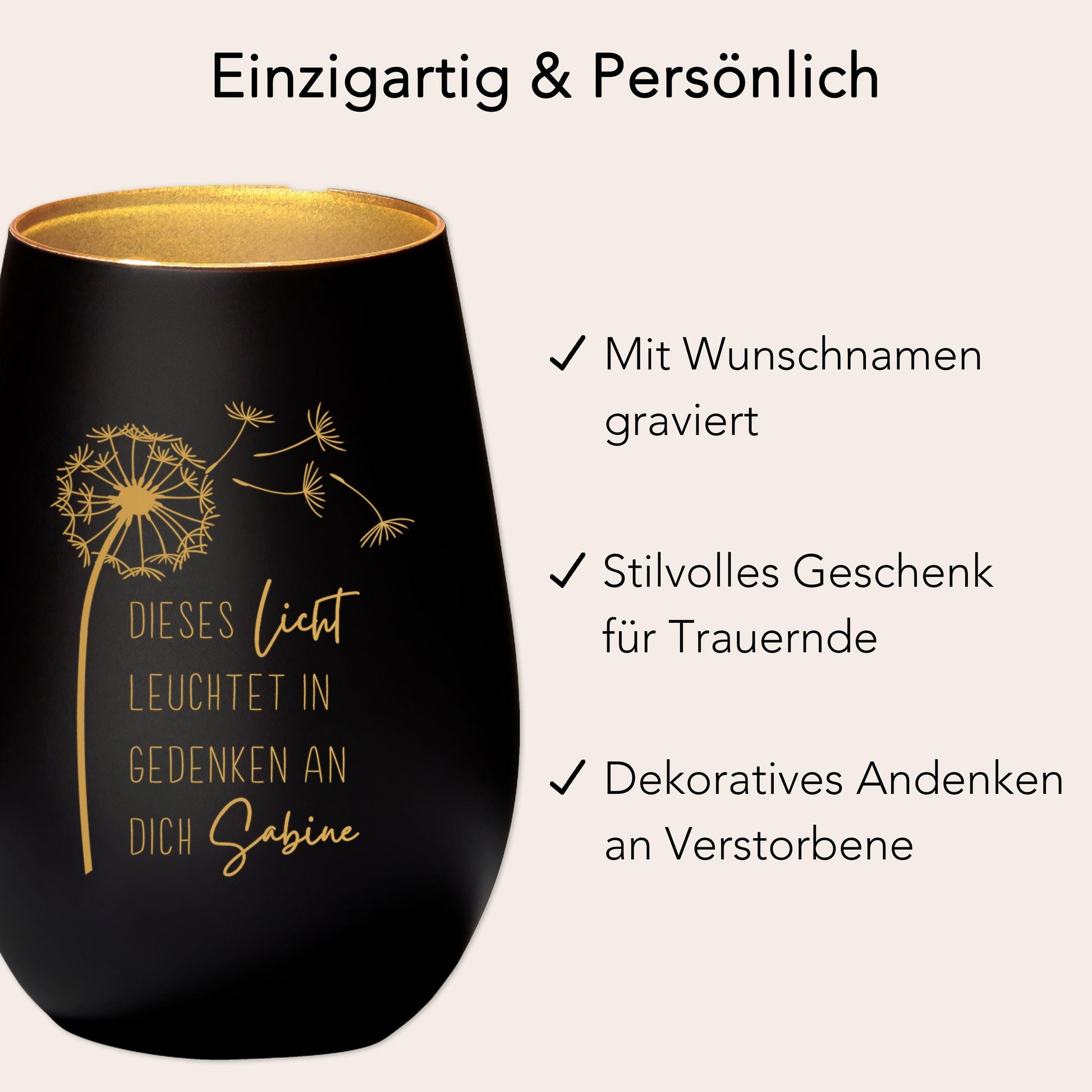 Trauerlicht Trauerkerze personalisiert Windlicht mit Gravur aus Glas Trauer Geschenk Trauergeschenk Verstorbene Erinnerung (Schwarz)