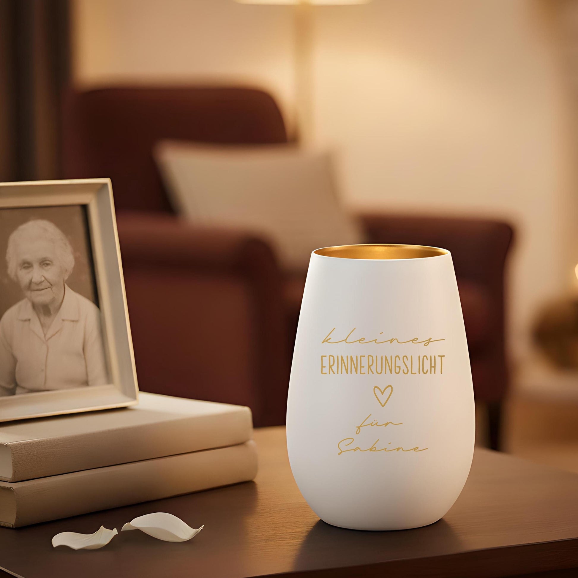 Erinnerungslicht Trauergeschenk Trauerkerze personalisiert Windlicht aus Glas Trauer Geschenk für Hinterbliebene Trauerlicht (Weiss)