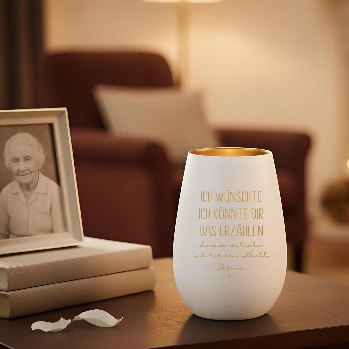 Trauergeschenk Trauerkerze personalisiert Andenken an Verstorbene Windlicht Trauer Geschenk für Hinterbliebene Trauerlicht (Weiß)
