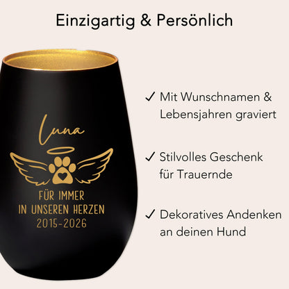 Andenken an verstorbenen Hund Windlicht Trauergeschenk Hunde Trauerlicht personalisiert Trauer Geschenk zur Erinnerung (Schwarz)