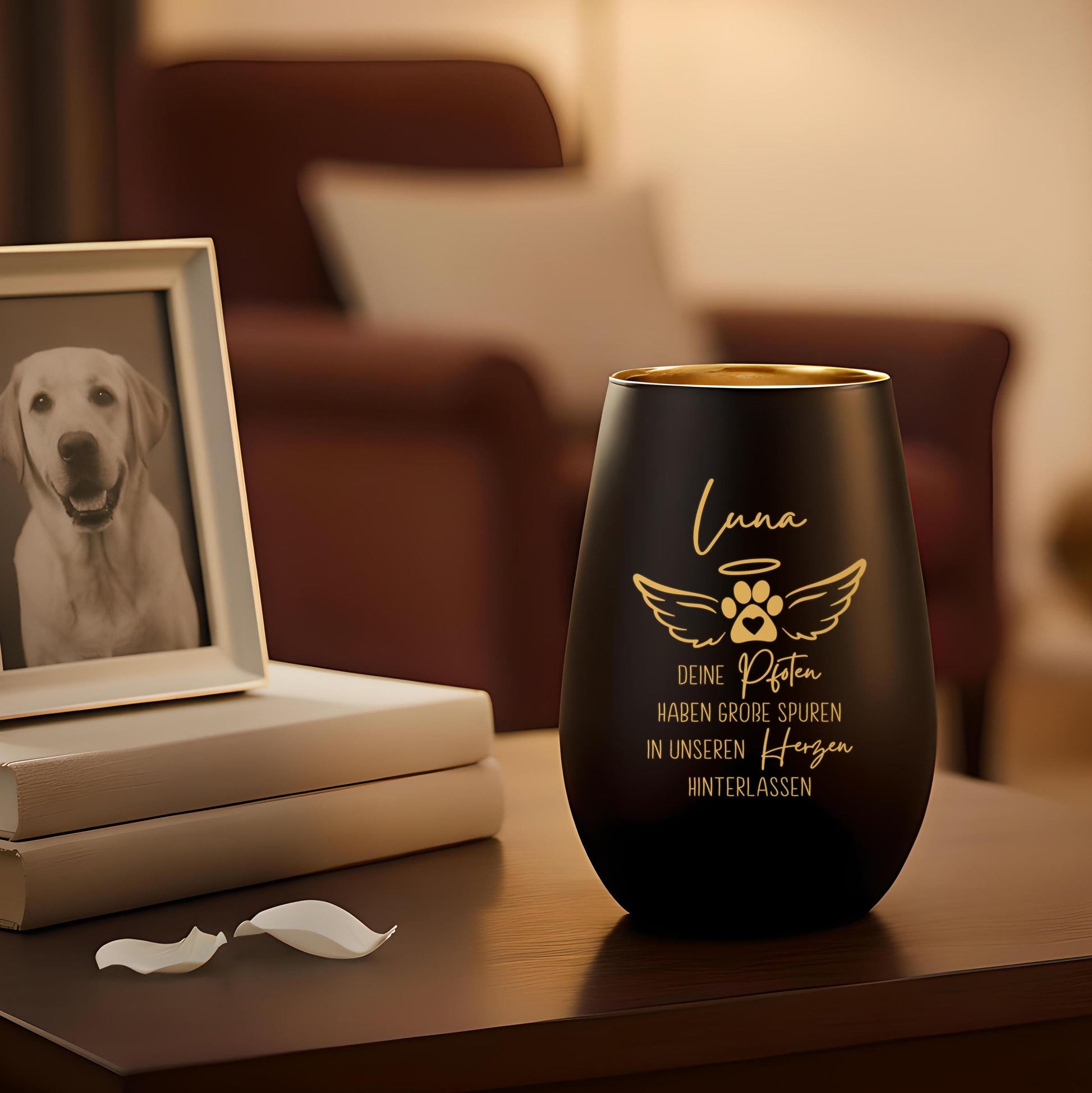 Andenken an verstorbenen Hund Trauergeschenk personalisiert Windlicht Trauer Geschenk zur Erinnerung Hunde Trauerlicht Gedenkkerze (Schwarz)