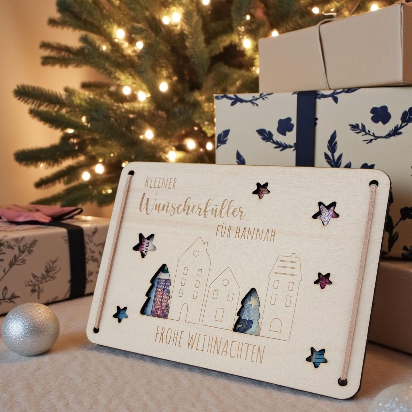 Geldgeschenk Weihnachten Wunscherfüller personalisiert Weihnachtsgeld Verpackung Geschenkkarte Weihnachtskarte aus Holz 12x17 cm