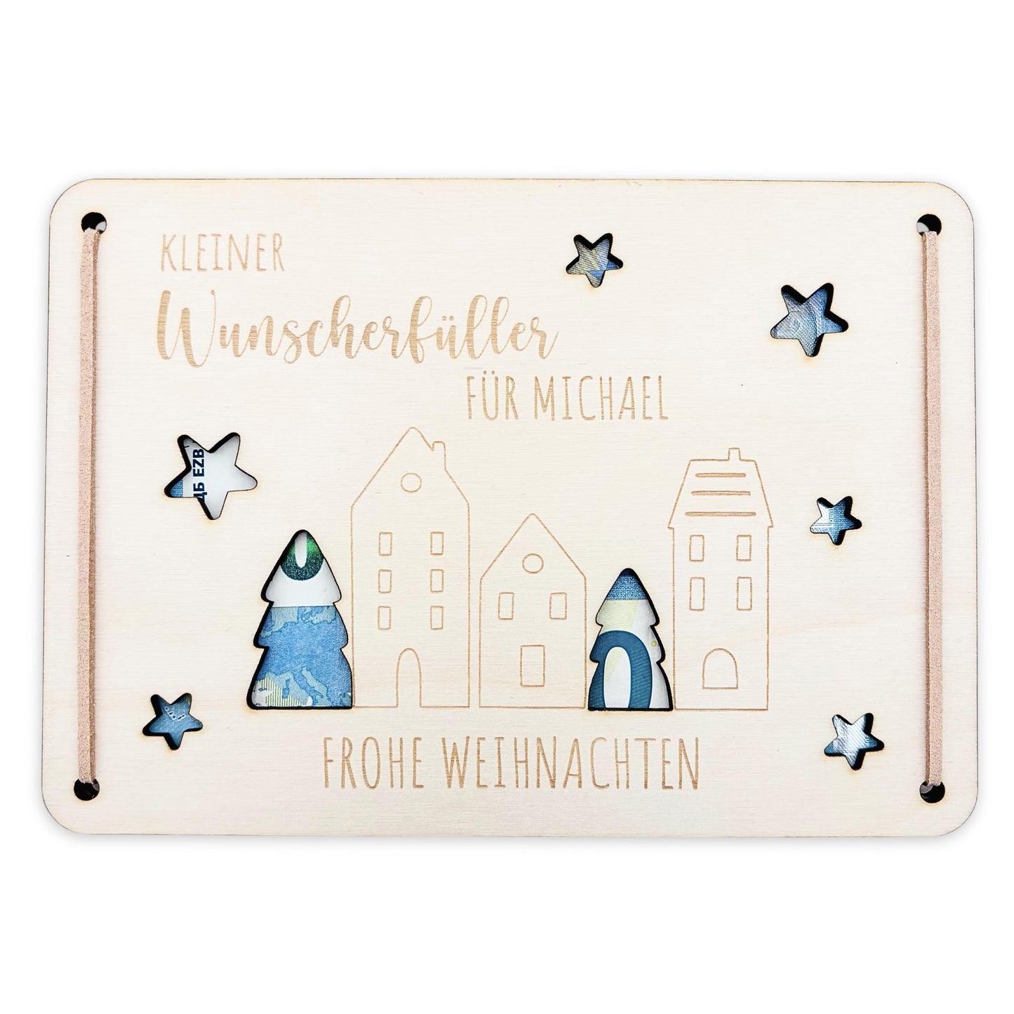 Geldgeschenk Weihnachten Wunscherfüller personalisiert Weihnachtsgeld Verpackung Geschenkkarte Weihnachtskarte aus Holz 12x17 cm