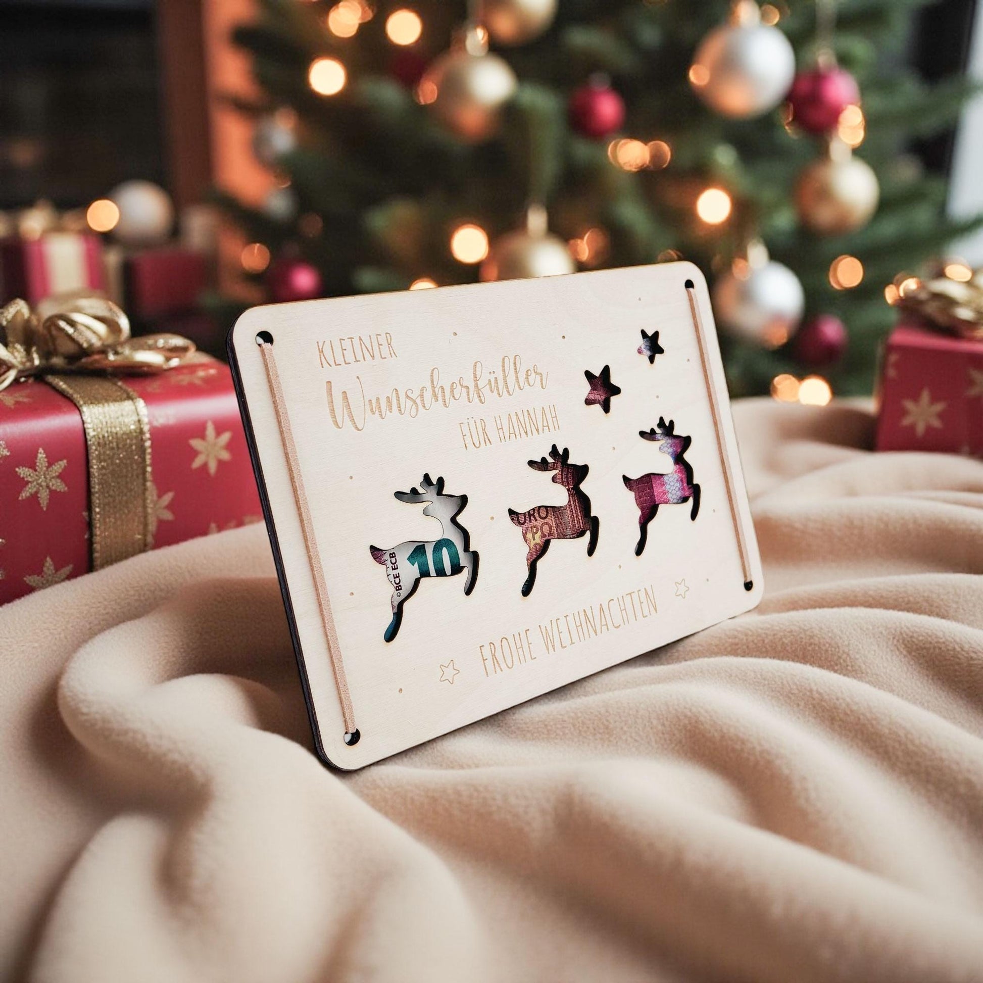Geldgeschenk Weihnachten personalisiert Weihnachtsgeld Verpackung Wunscherfüller Geschenkkarte Weihnachtskarte aus Holz 12x17 cm