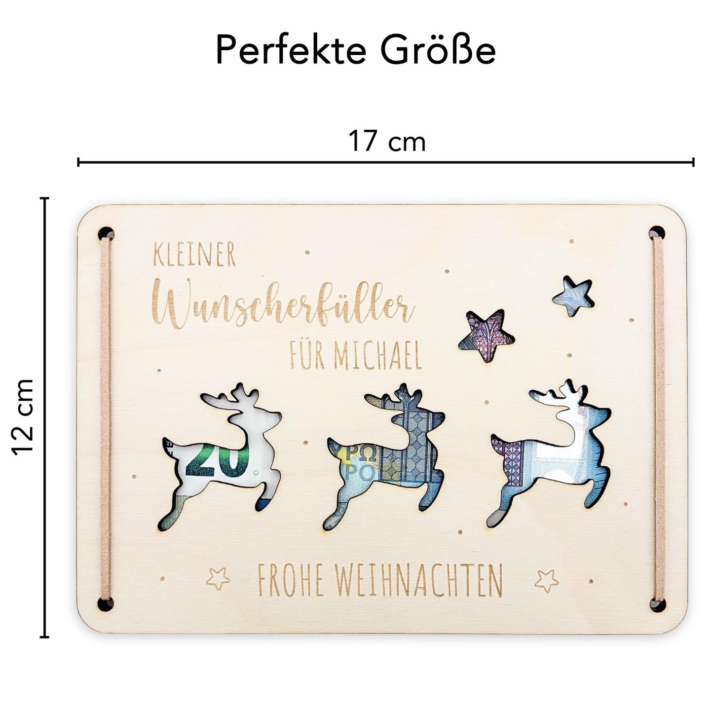 Geldgeschenk Weihnachten personalisiert Weihnachtsgeld Verpackung Wunscherfüller Geschenkkarte Weihnachtskarte aus Holz 12x17 cm