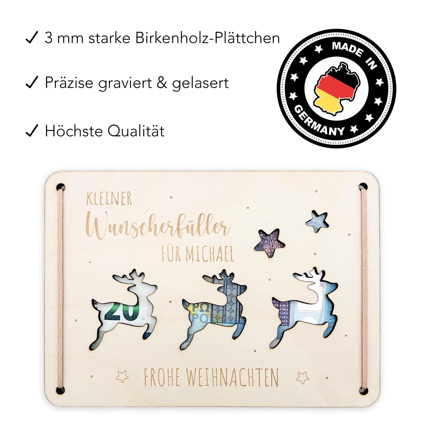 Geldgeschenk Weihnachten personalisiert Weihnachtsgeld Verpackung Wunscherfüller Geschenkkarte Weihnachtskarte aus Holz 12x17 cm