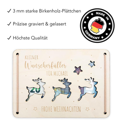 Geldgeschenk Weihnachten personalisiert Weihnachtsgeld Verpackung Wunscherfüller Geschenkkarte Weihnachtskarte aus Holz 12x17 cm