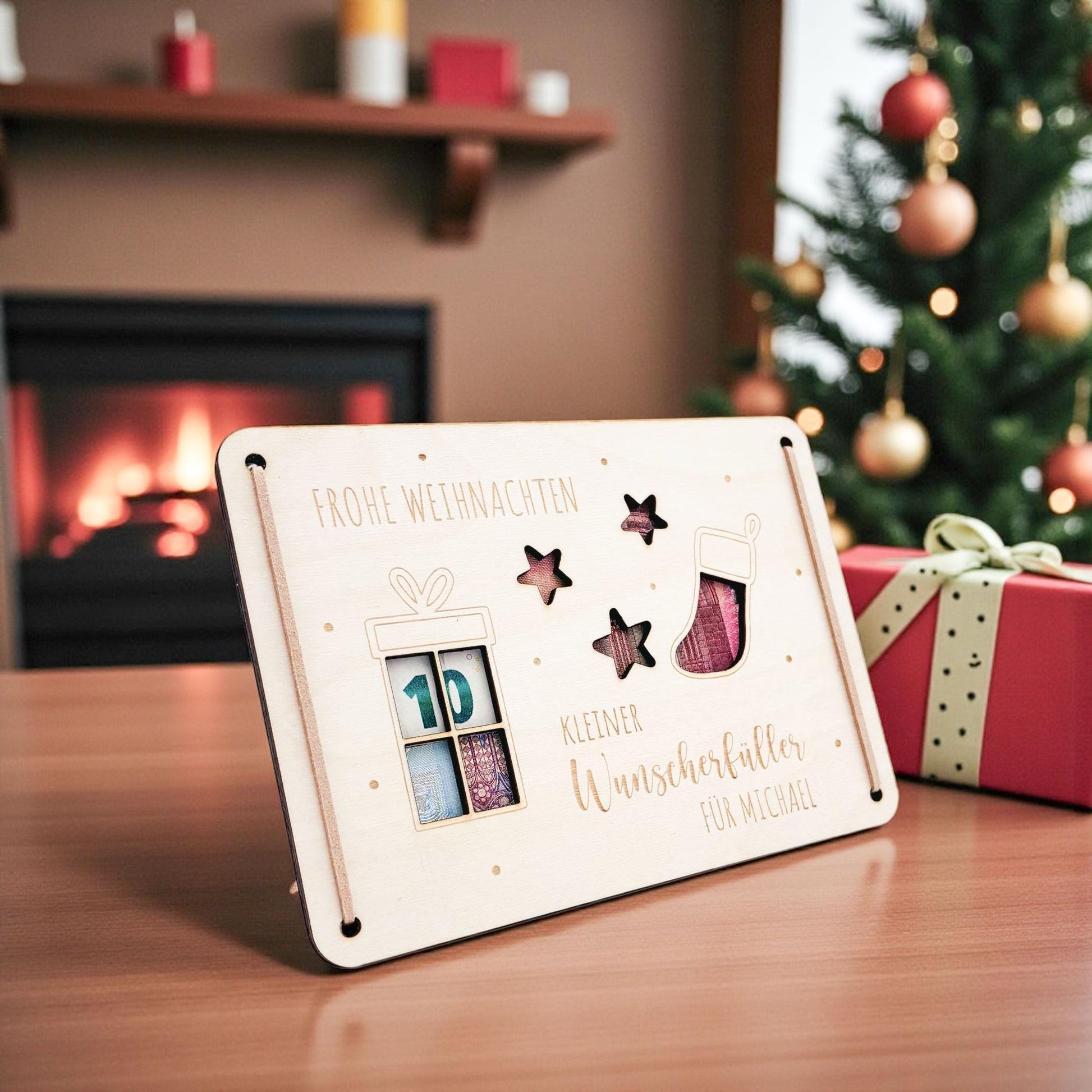 Weihnachten Geldgeschenk personalisiert Wunscherfüller Weihnachtsgeld Verpackung Geschenkkarte Weihnachtskarte aus Holz 12x17 cm