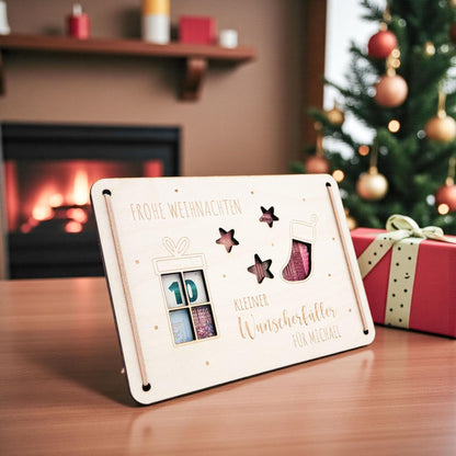 Weihnachten Geldgeschenk personalisiert Wunscherfüller Weihnachtsgeld Verpackung Geschenkkarte Weihnachtskarte aus Holz 12x17 cm