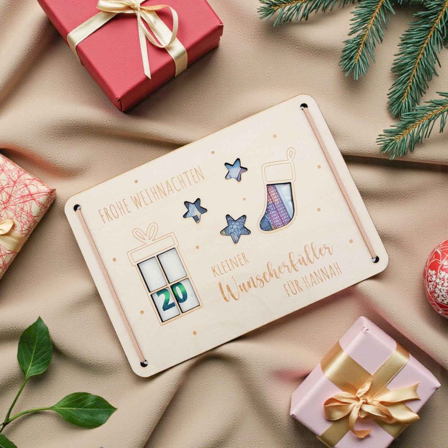 Weihnachten Geldgeschenk personalisiert Wunscherfüller Weihnachtsgeld Verpackung Geschenkkarte Weihnachtskarte aus Holz 12x17 cm
