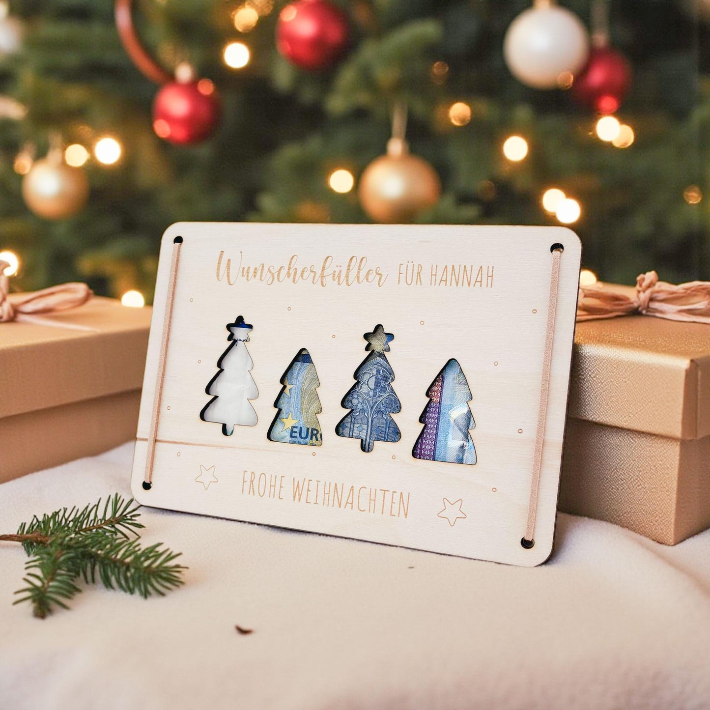 Weihnachten Wunscherfüller personalisiert Geldgeschenk Weihnachtsgeld Verpackung Geschenkkarte Weihnachtskarte aus Holz 12x17 cm