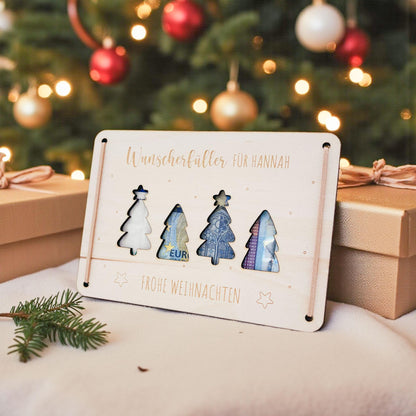 Weihnachten Wunscherfüller personalisiert Geldgeschenk Weihnachtsgeld Verpackung Geschenkkarte Weihnachtskarte aus Holz 12x17 cm