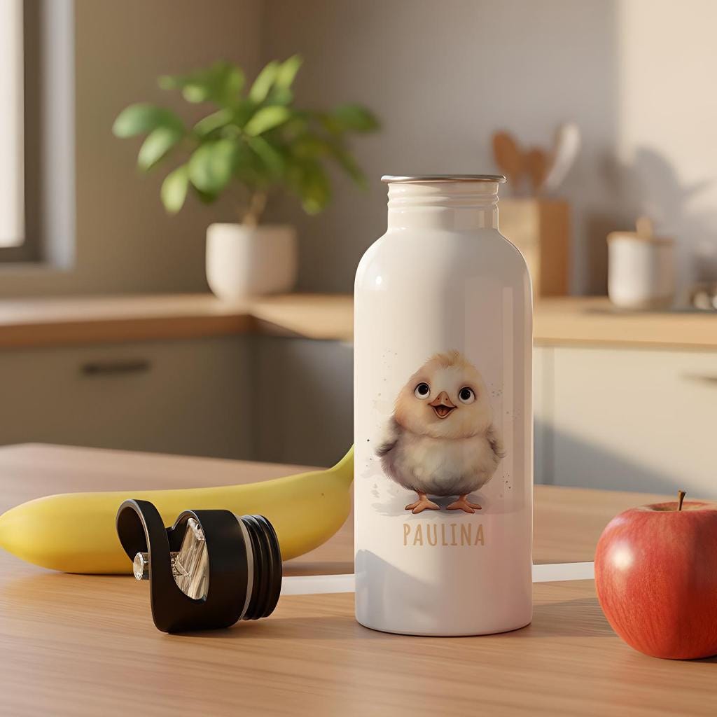 Trinkflasche Kinder personalisiert mit Namen Huhn Edelstahl Flasche mit Strohhalm Wasserflasche für Schule Kindergarten 600 ml