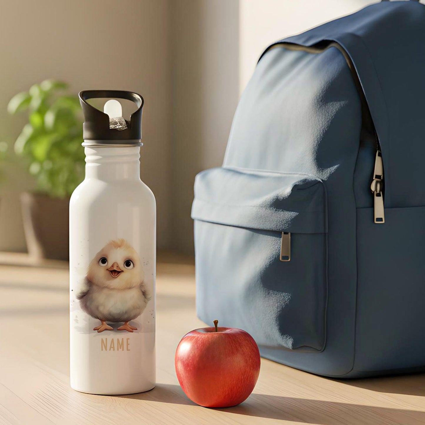 Trinkflasche Kinder personalisiert mit Namen Huhn Edelstahl Flasche mit Strohhalm Wasserflasche für Schule Kindergarten 600 ml