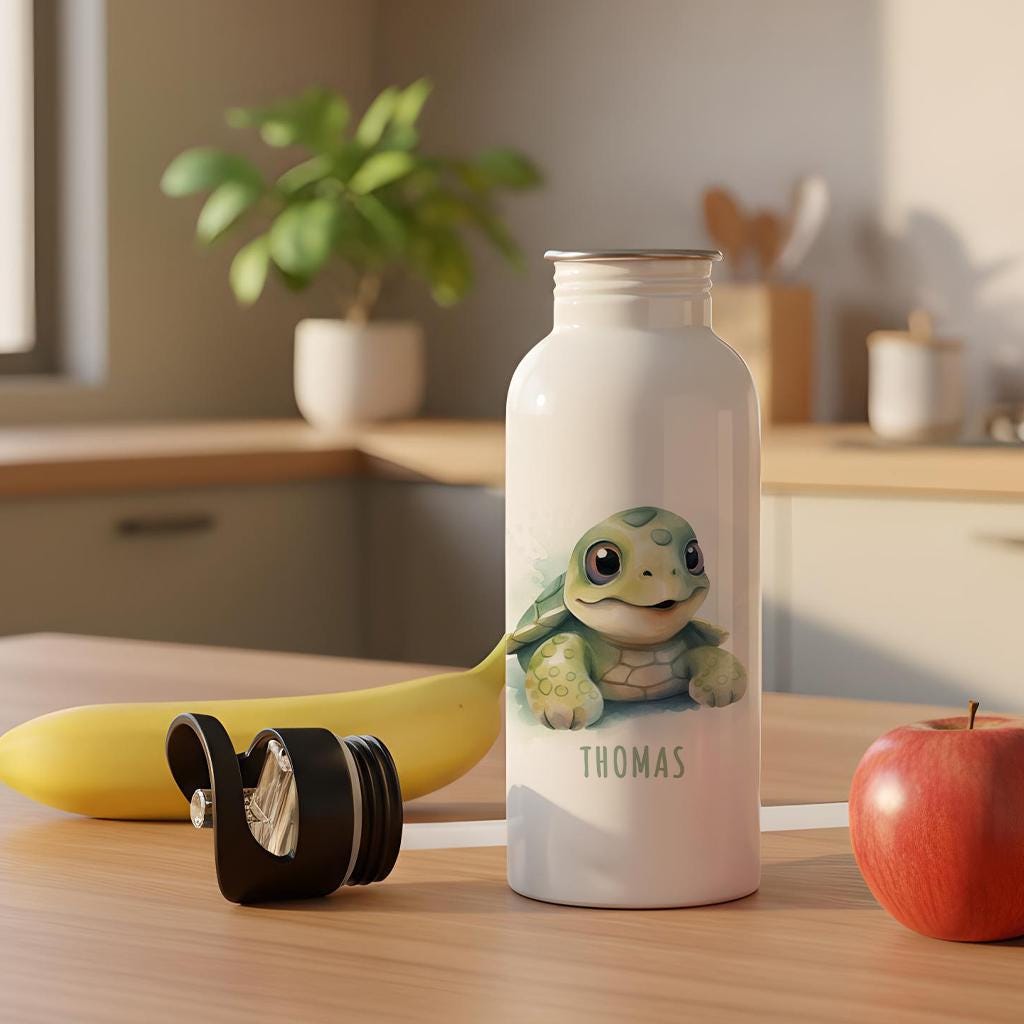 Trinkflasche Kinder personalisiert mit Namen Schildkröte Edelstahl Flasche mit Strohhalm Wasserflasche für Schule Kindergarten 600 ml