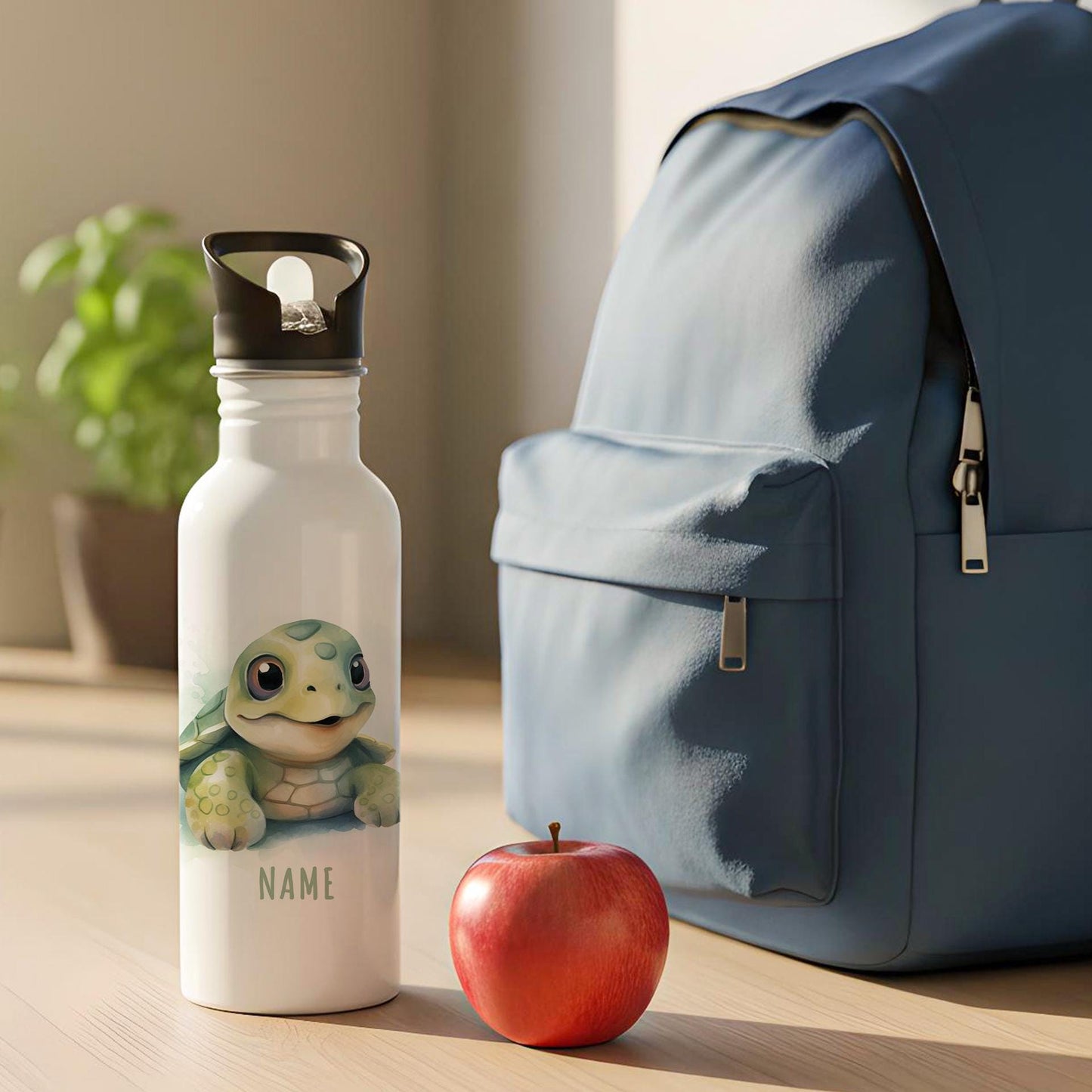 Trinkflasche Kinder personalisiert mit Namen Schildkröte Edelstahl Flasche mit Strohhalm Wasserflasche für Schule Kindergarten 600 ml