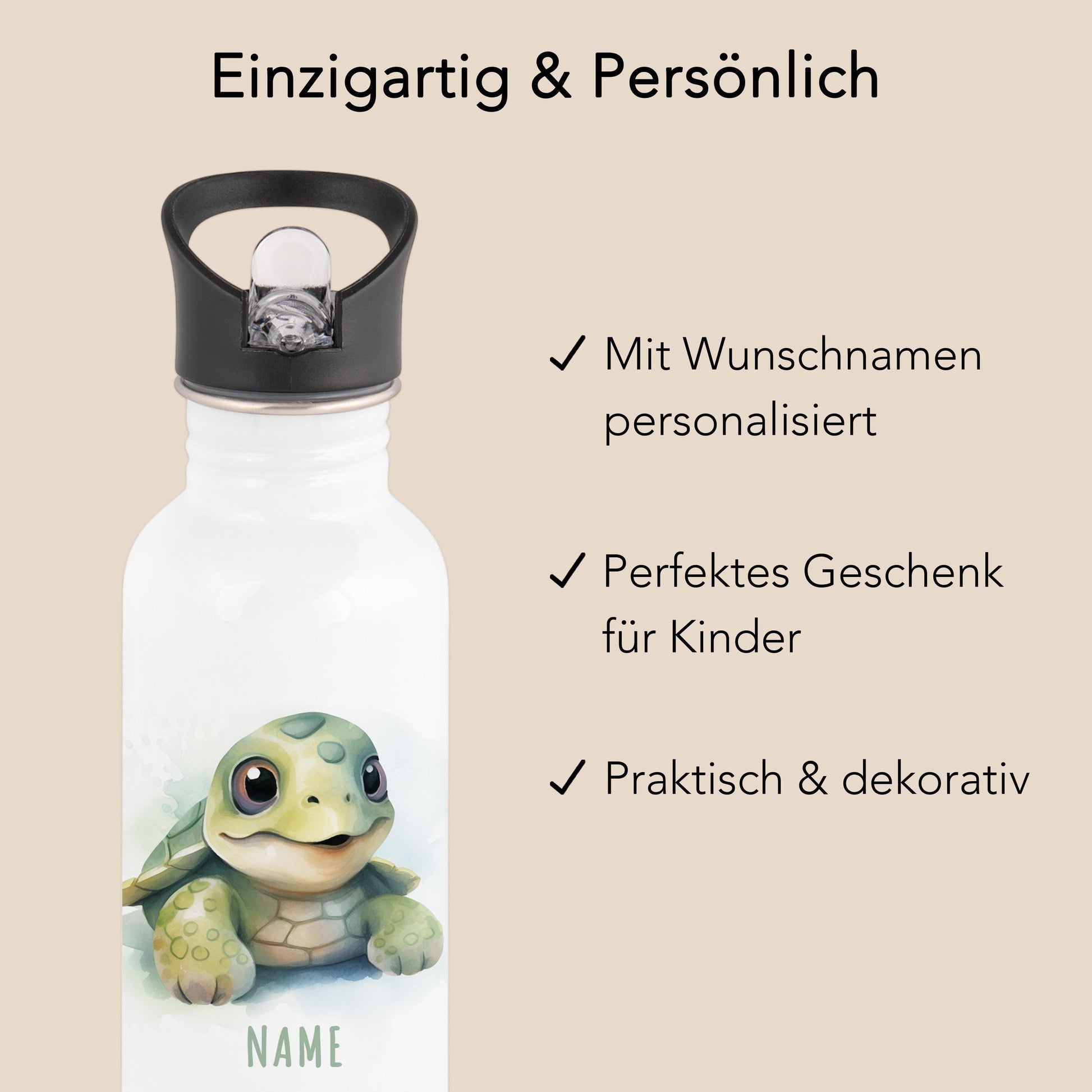 Trinkflasche Kinder personalisiert mit Namen Schildkröte Edelstahl Flasche mit Strohhalm Wasserflasche für Schule Kindergarten 600 ml
