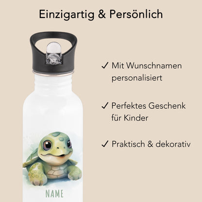Trinkflasche Kinder personalisiert mit Namen Schildkröte Edelstahl Flasche mit Strohhalm Wasserflasche für Schule Kindergarten 600 ml