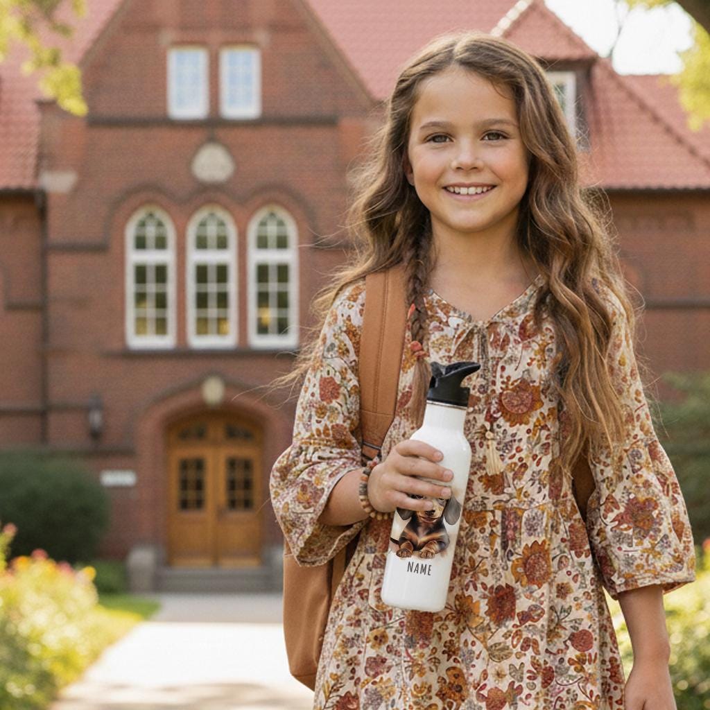 Trinkflasche Kinder personalisiert mit Namen Dackel Edelstahl Flasche mit Strohhalm Wasserflasche für Schule Kindergarten 600 ml