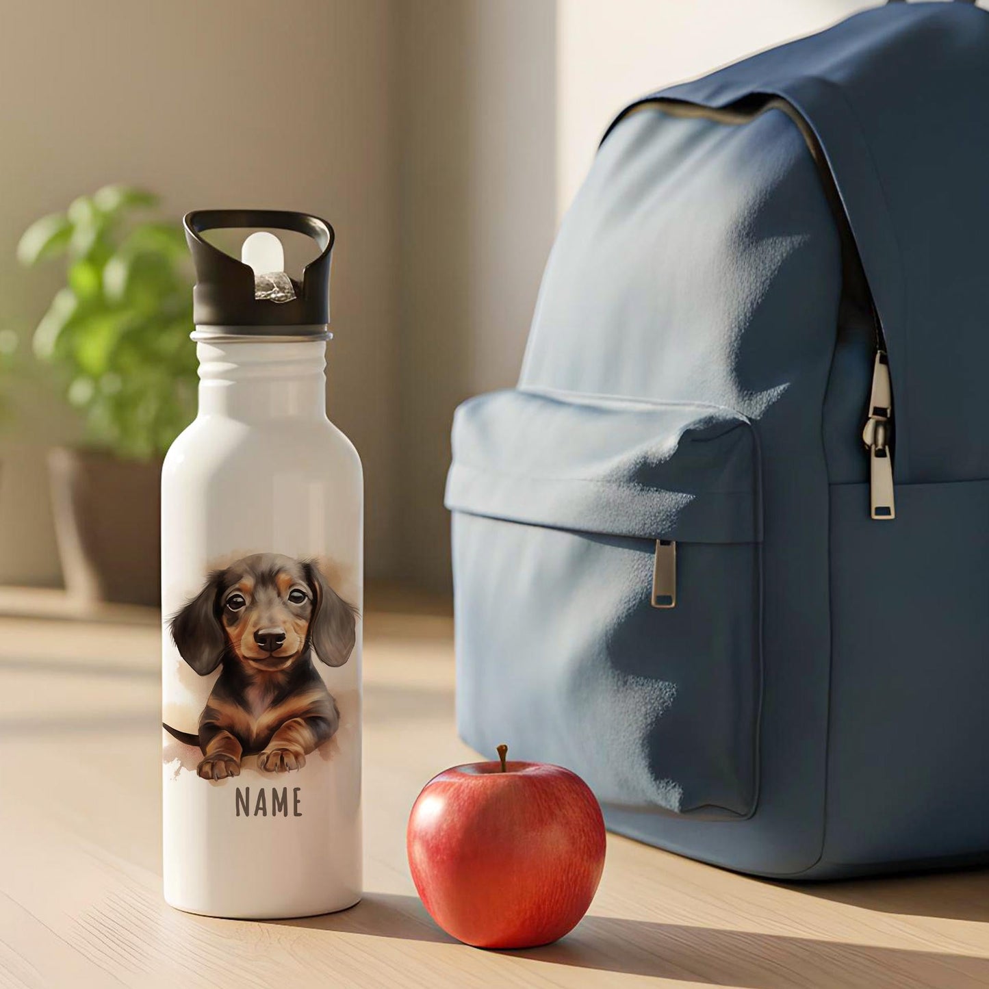 Trinkflasche Kinder personalisiert mit Namen Dackel Edelstahl Flasche mit Strohhalm Wasserflasche für Schule Kindergarten 600 ml