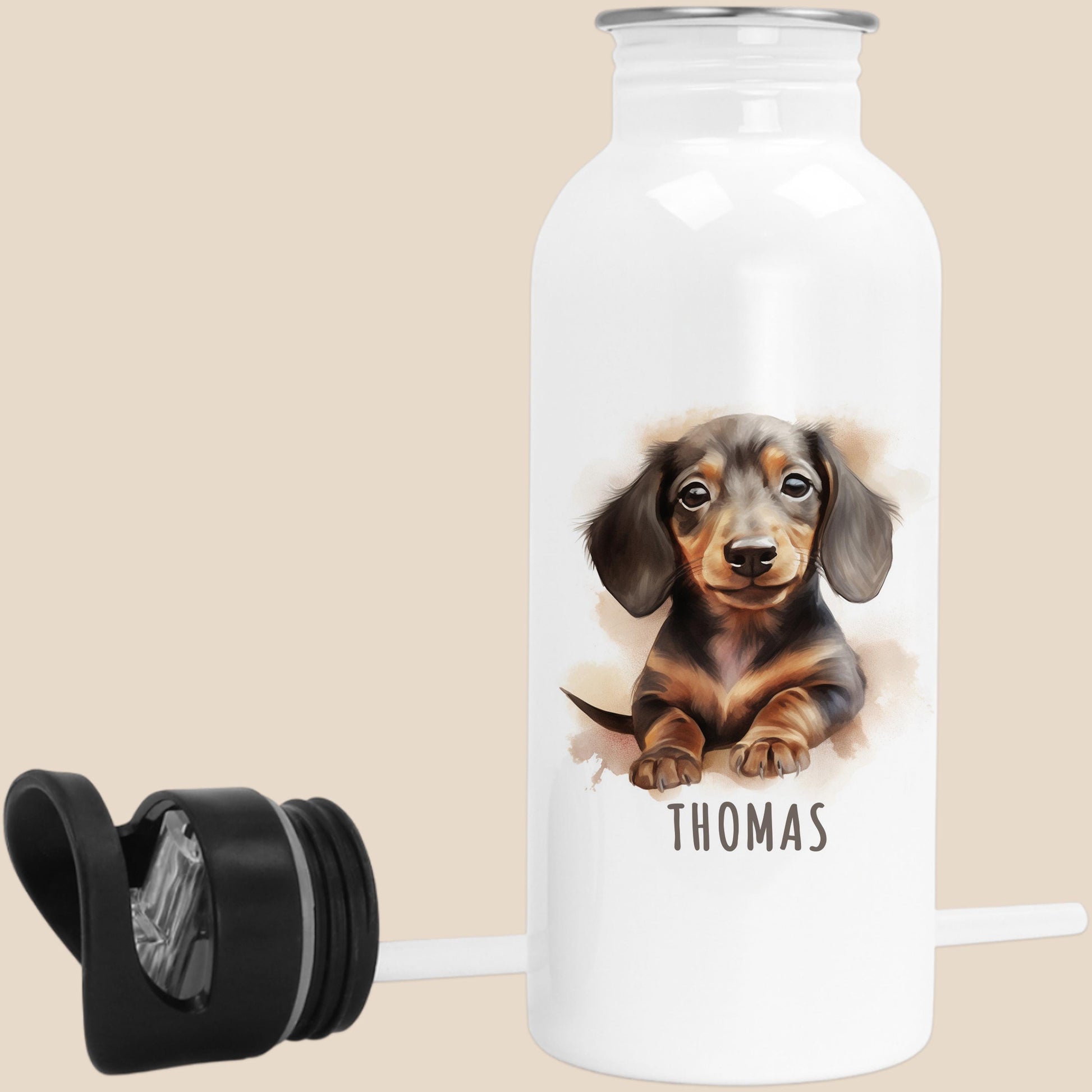 Trinkflasche Kinder personalisiert mit Namen Dackel Edelstahl Flasche mit Strohhalm Wasserflasche für Schule Kindergarten 600 ml
