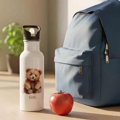 Trinkflasche Kinder personalisiert mit Namen Bäre Edelstahl Flasche mit Strohhalm Wasserflasche für Schule Kindergarten 600 ml