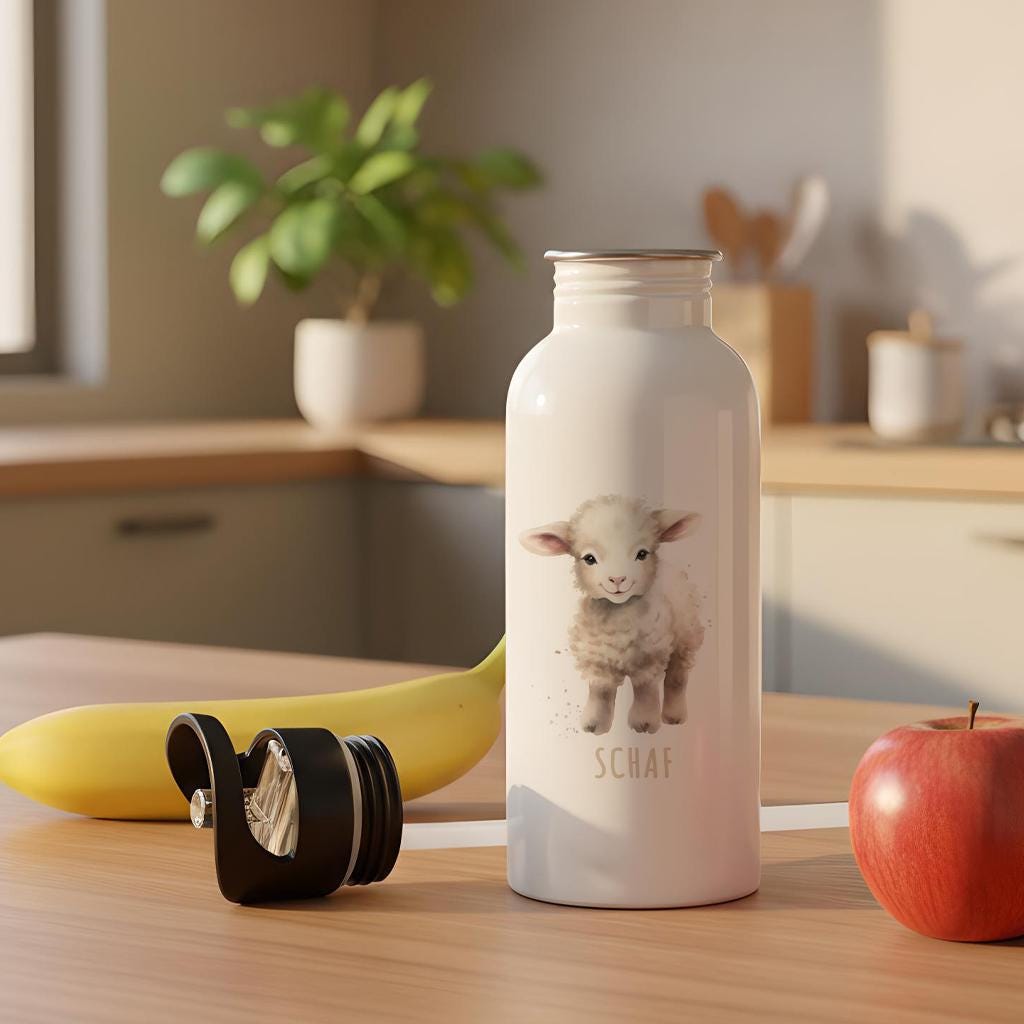 Trinkflasche Kinder personalisiert mit Namen Schaf Edelstahl Flasche mit Strohhalm Wasserflasche für Schule Kindergarten 600 ml