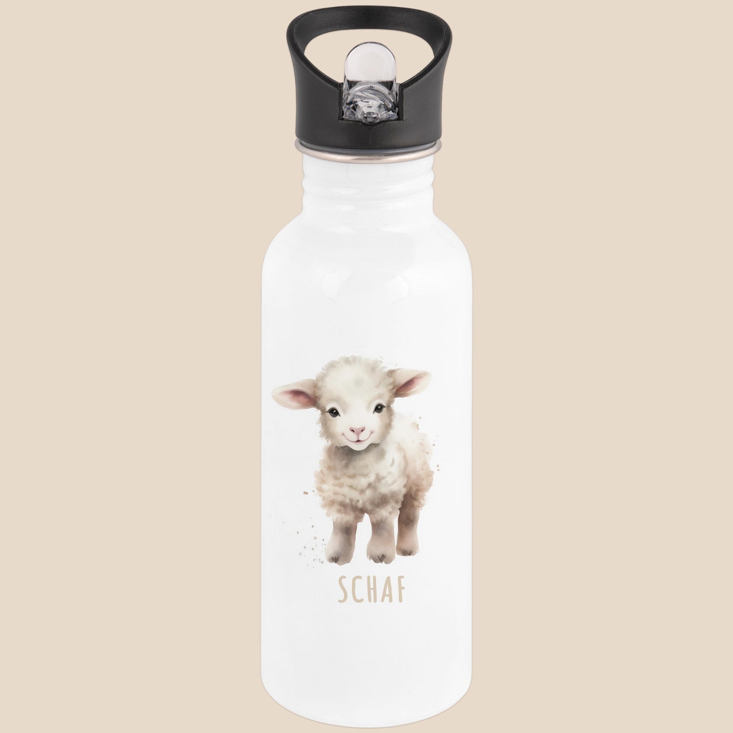 Trinkflasche Kinder personalisiert mit Namen Schaf Edelstahl Flasche mit Strohhalm Wasserflasche für Schule Kindergarten 600 ml