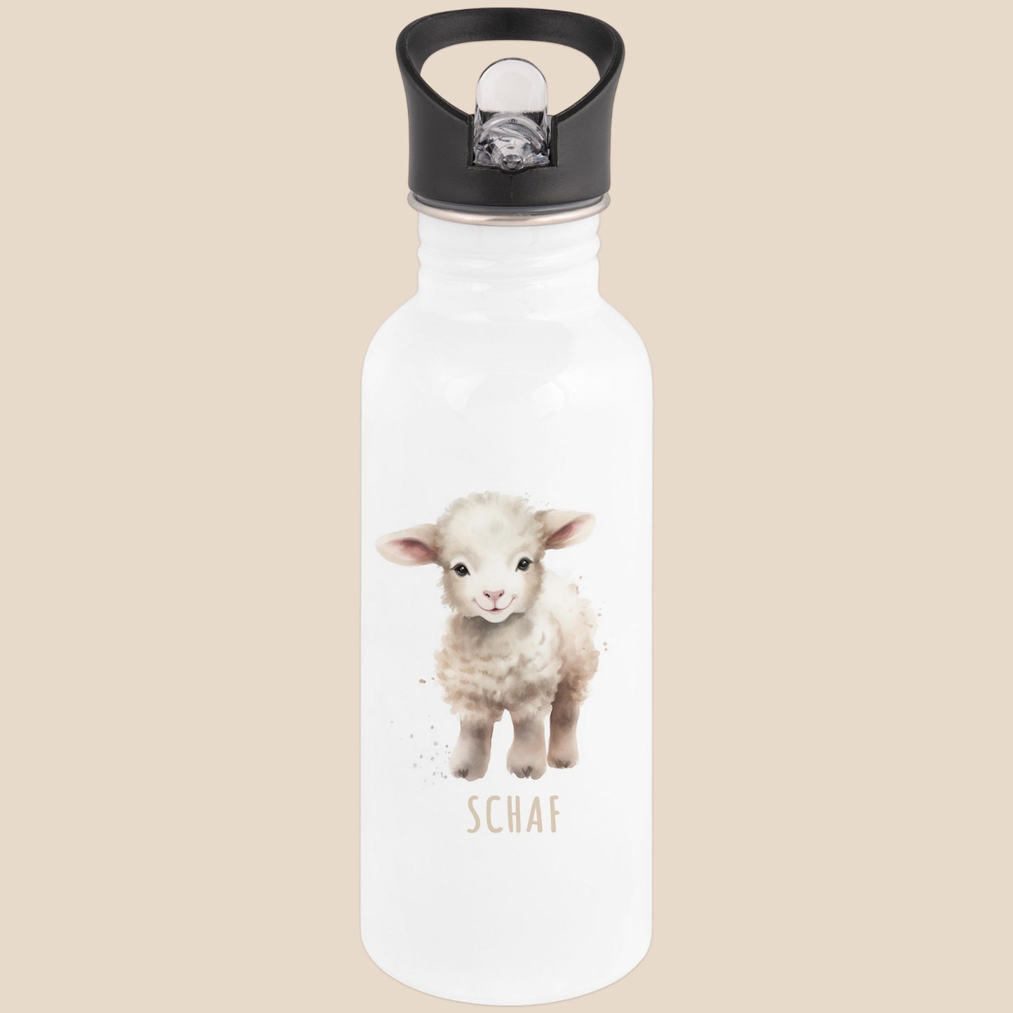 Trinkflasche Kinder personalisiert mit Namen Schaf Edelstahl Flasche mit Strohhalm Wasserflasche für Schule Kindergarten 600 ml