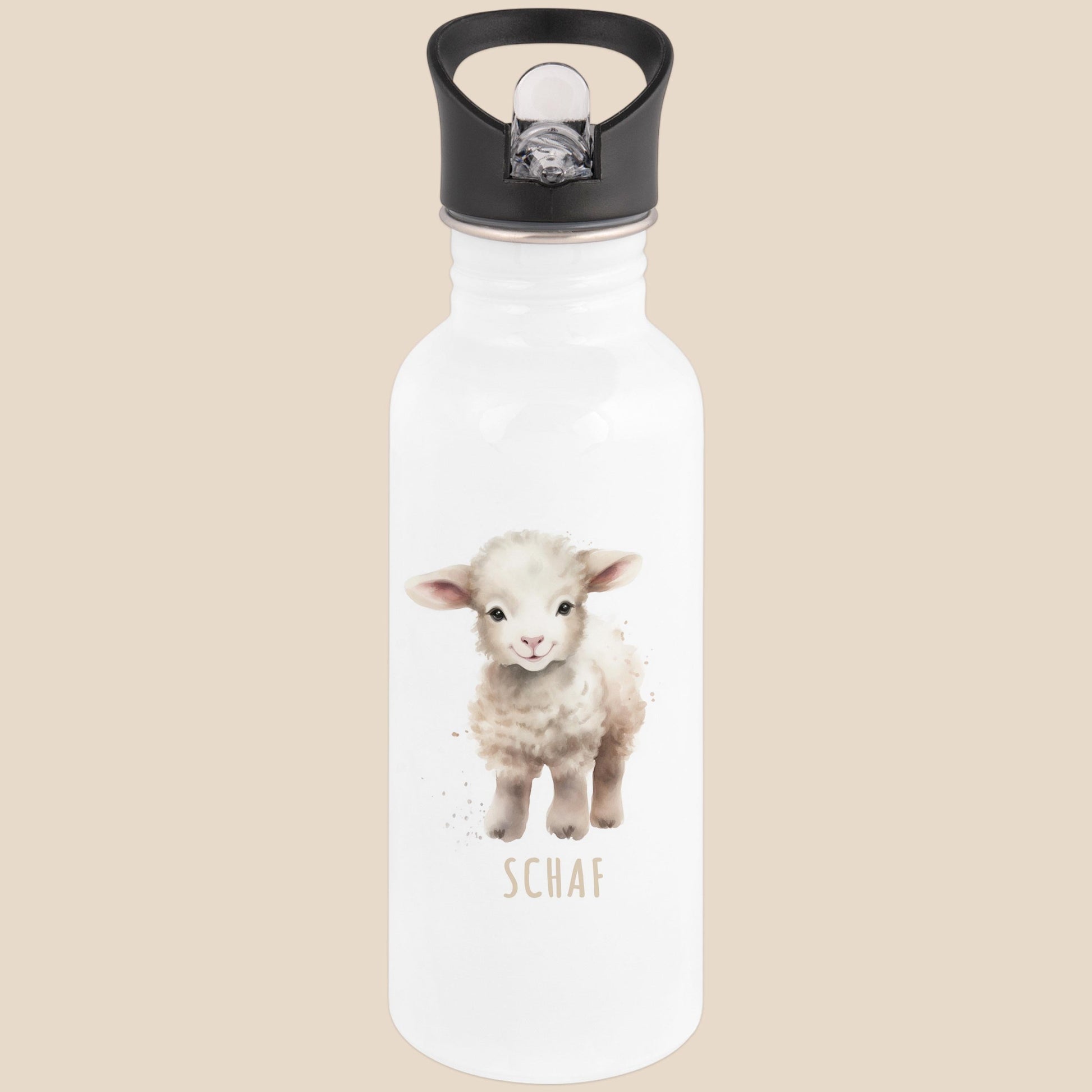 Trinkflasche Kinder personalisiert mit Namen Schaf Edelstahl Flasche mit Strohhalm Wasserflasche für Schule Kindergarten 600 ml