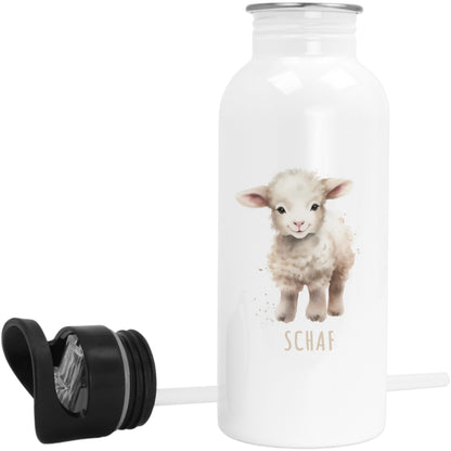 Trinkflasche Kinder personalisiert mit Namen Schaf Edelstahl Flasche mit Strohhalm Wasserflasche für Schule Kindergarten 600 ml
