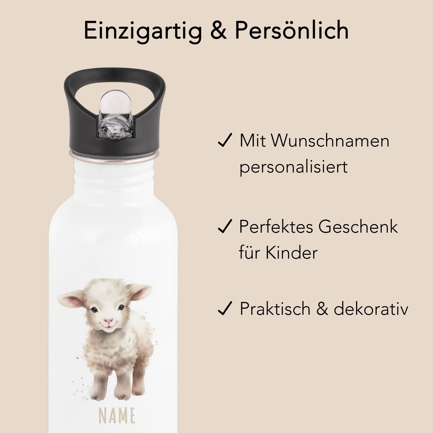 Trinkflasche Kinder personalisiert mit Namen Schaf Edelstahl Flasche mit Strohhalm Wasserflasche für Schule Kindergarten 600 ml