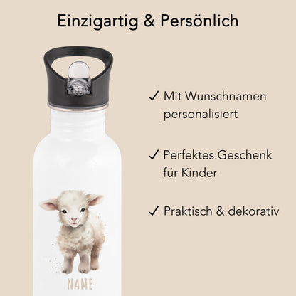 Trinkflasche Kinder personalisiert mit Namen Schaf Edelstahl Flasche mit Strohhalm Wasserflasche für Schule Kindergarten 600 ml