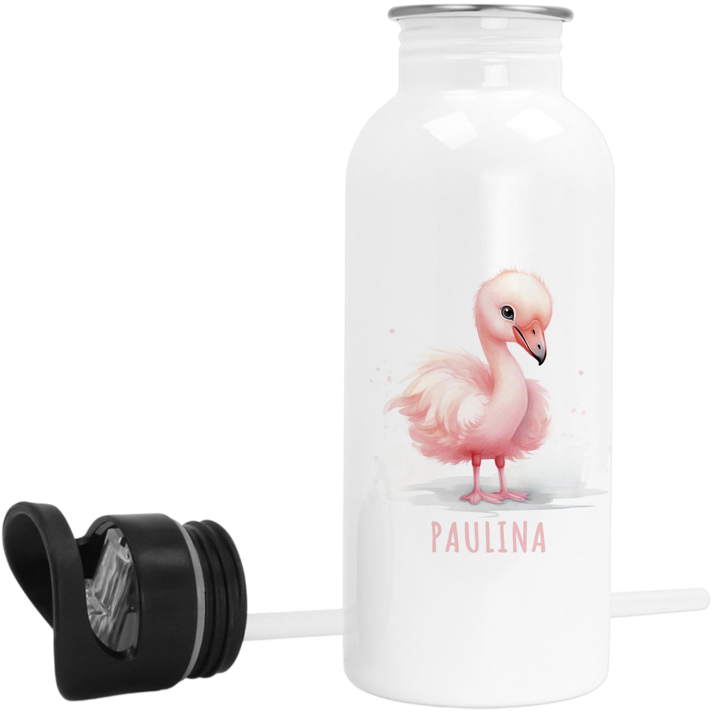Trinkflasche Kinder personalisiert mit Namen Flamingo Edelstahl Flasche mit Strohhalm Wasserflasche für Schule Kindergarten 600 ml