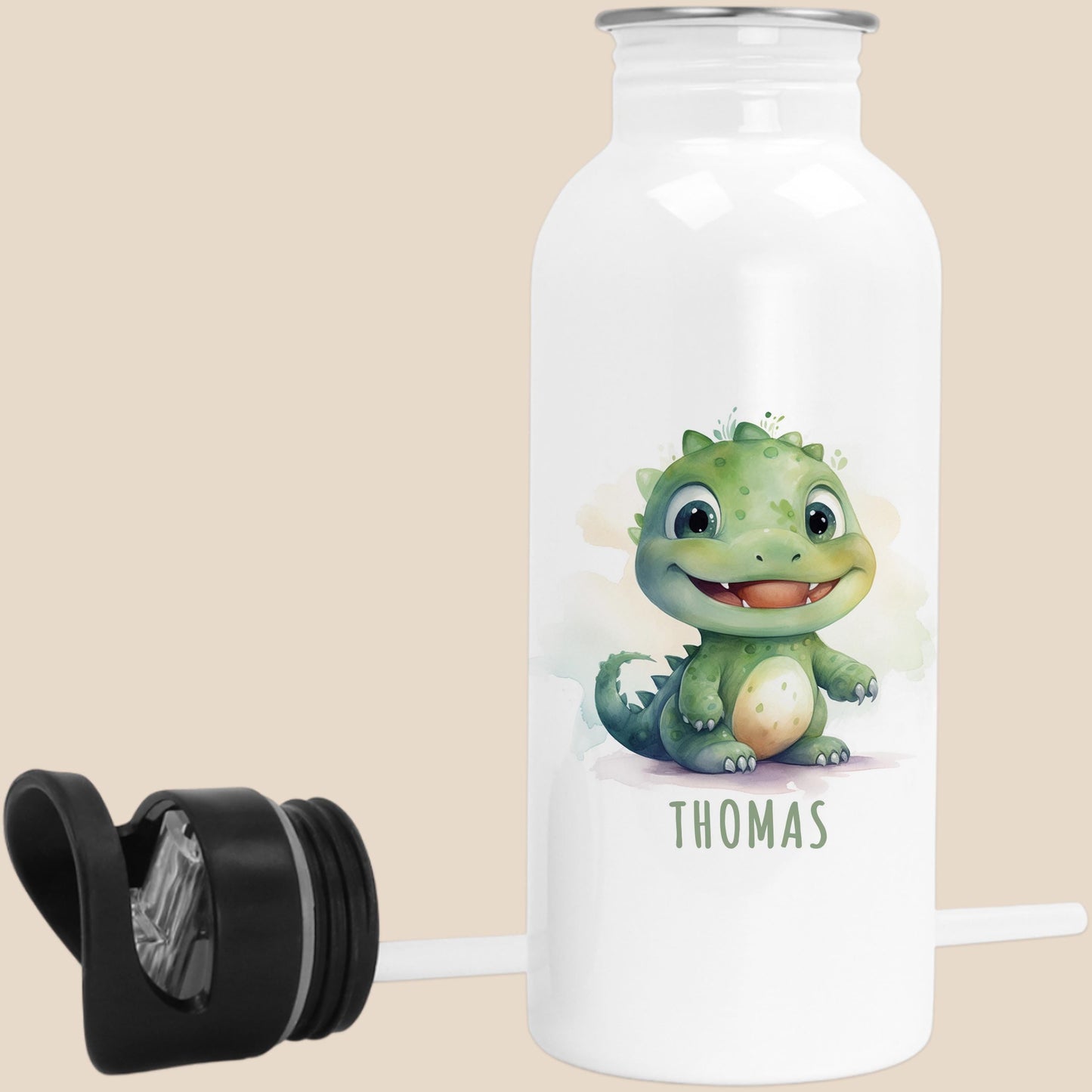 Trinkflasche Kinder personalisiert mit Namen Dino Edelstahl Flasche mit Strohhalm Wasserflasche für Schule Kindergarten 600 ml